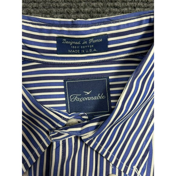 Faconnable Blue & White Striped Short-Sleeve Button-Up Shirt L Made In USA 100% - Picture 3 of 7